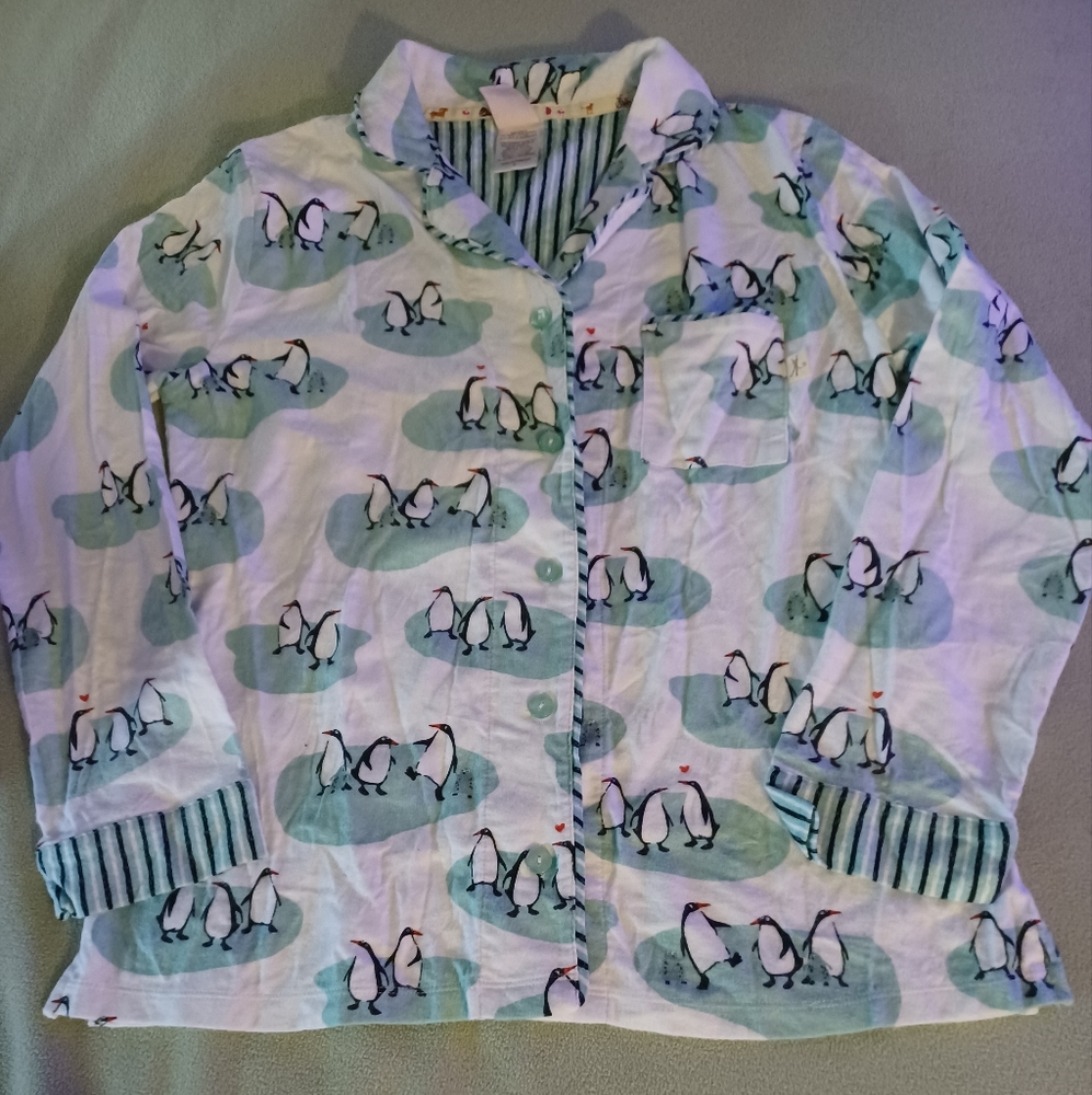 Munki Munki Womens Pajama Top Size S Penguins Baby Blue White